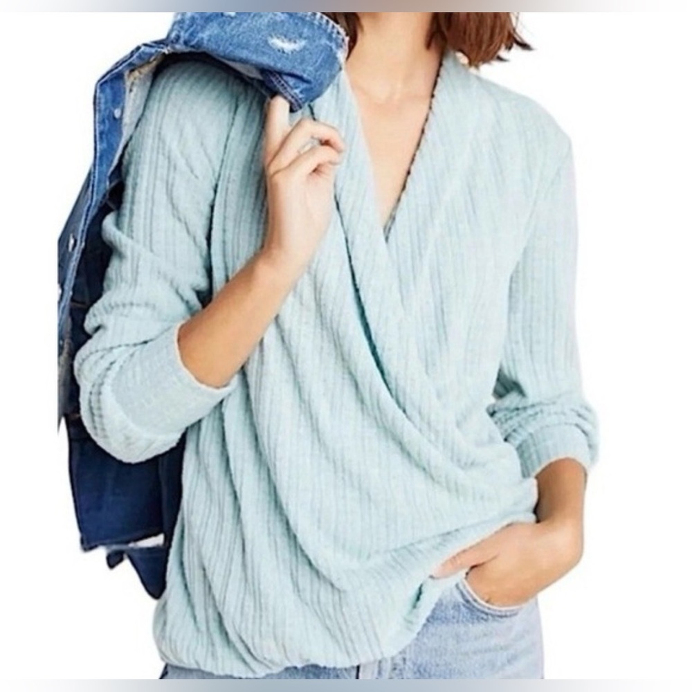 Medium Maeve Anthropologie Blue Green Hacci Faux Wrap‎ Sweater